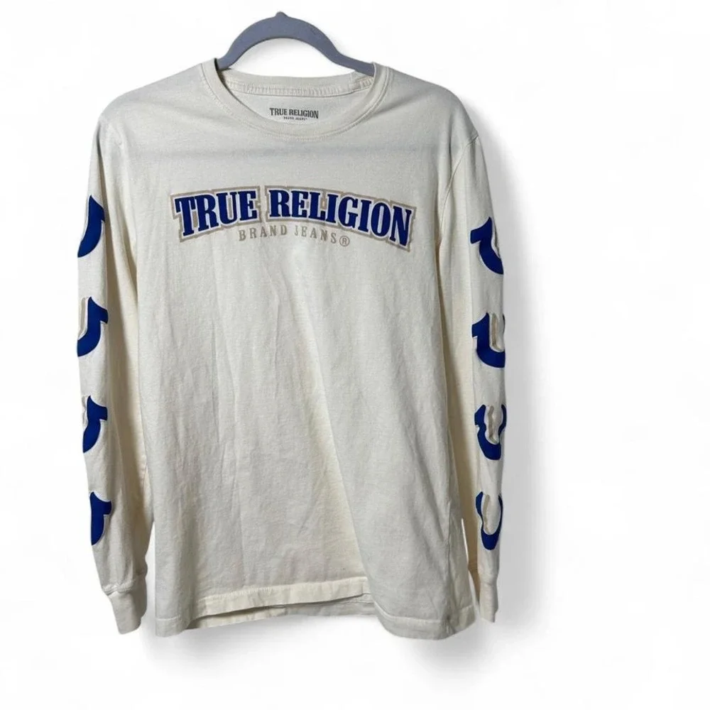 True Religion white long sleeve shirt with blue‎ logo Size M #denim